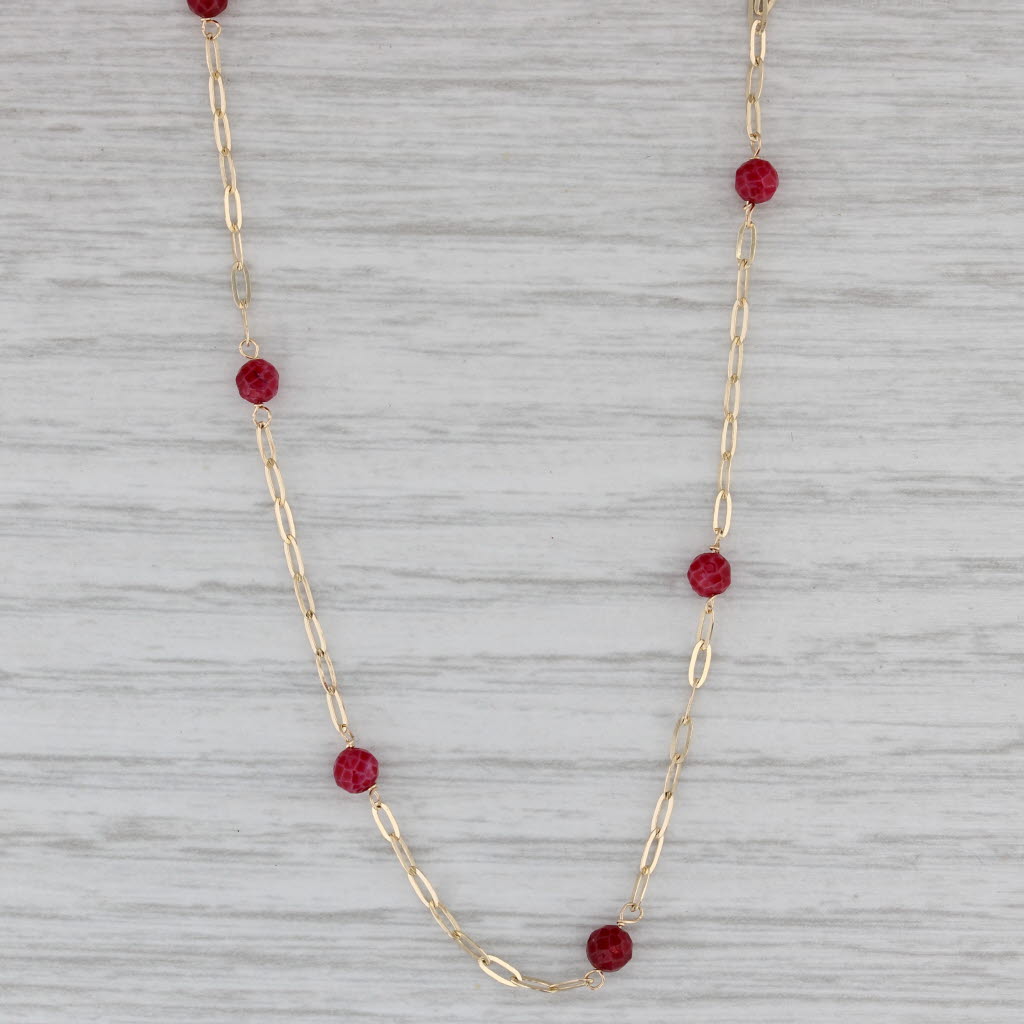 Gray Red Glass Bead Station Necklace 14k Yellow Gold 16" Cable Chain