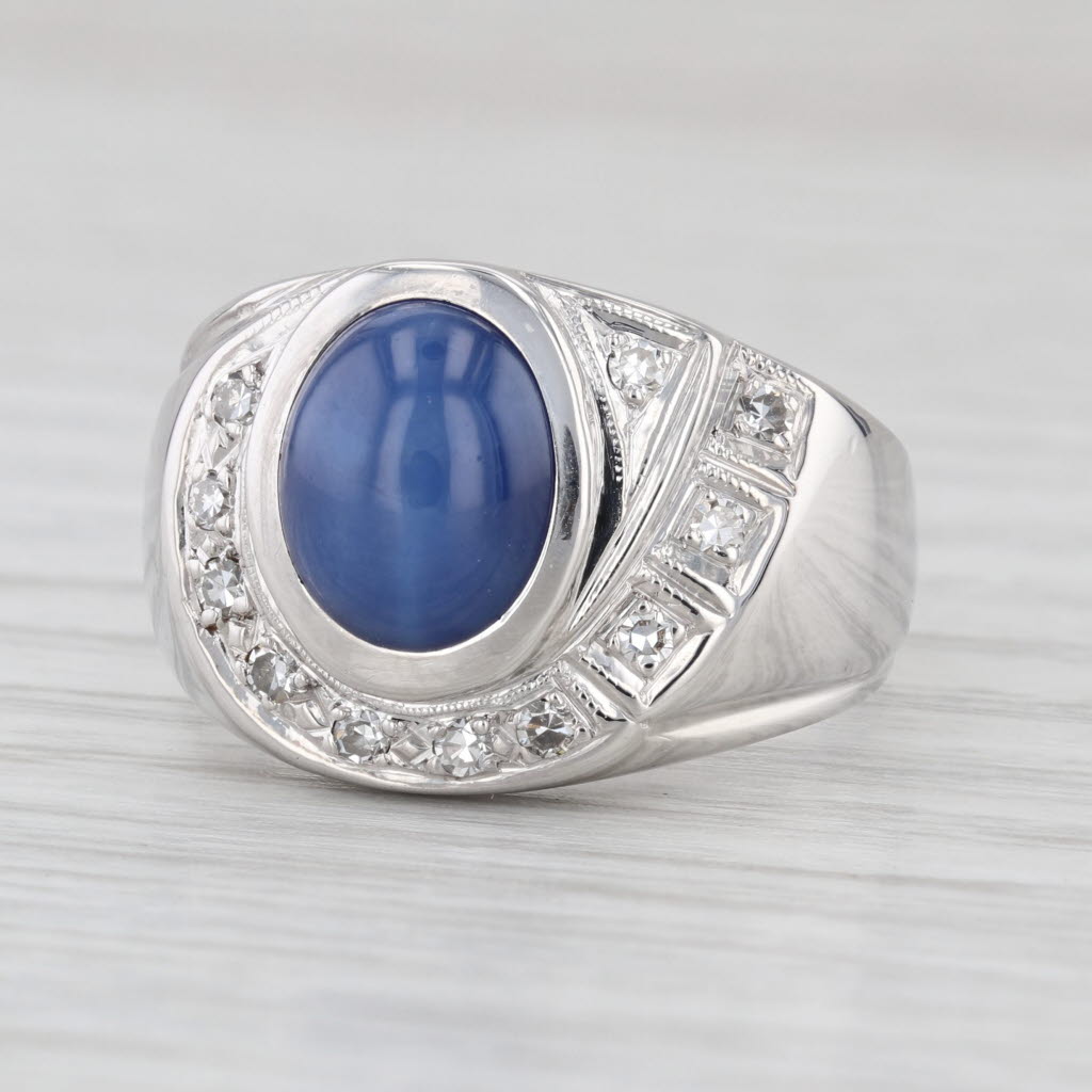 Vintage Cabochon Lab Created Star Sapphire Diamond Ring 14k White Gold Size 8.5