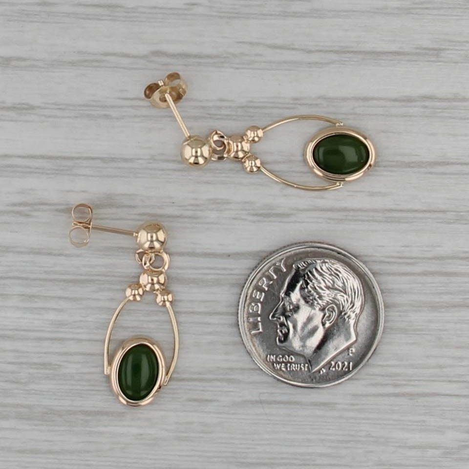 Green Nephrite Jade Dangle Earrings 14k Yellow Gold Oval Cabochon Drops