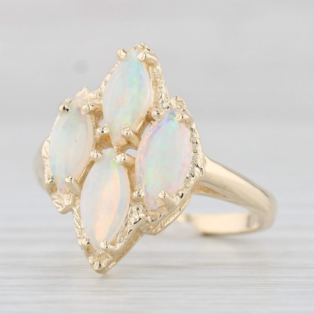 Light Gray Colorful Opal Cluster Ring 14k Yellow Gold Size 6