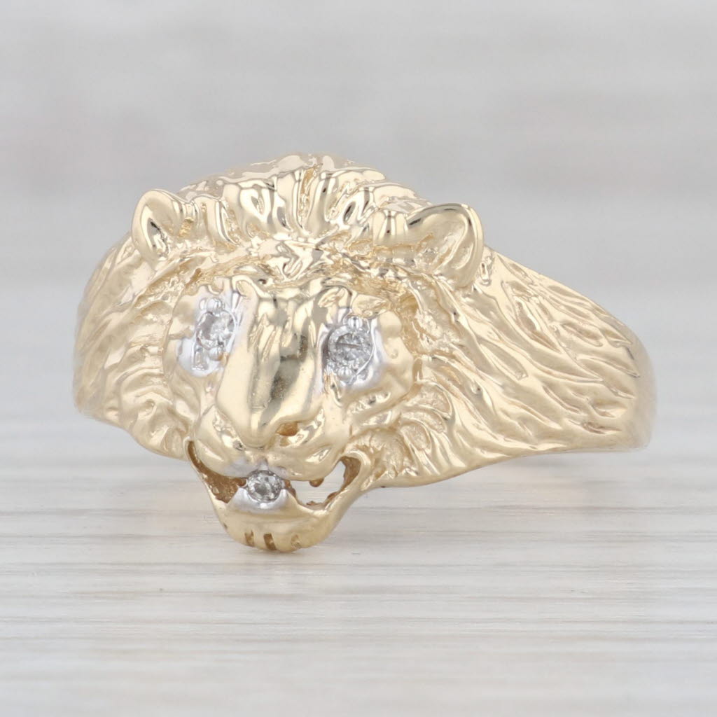 Light Gray Diamond Lion Ring 10k Yellow Gold Size 13.25 Statement Animal Jewelry