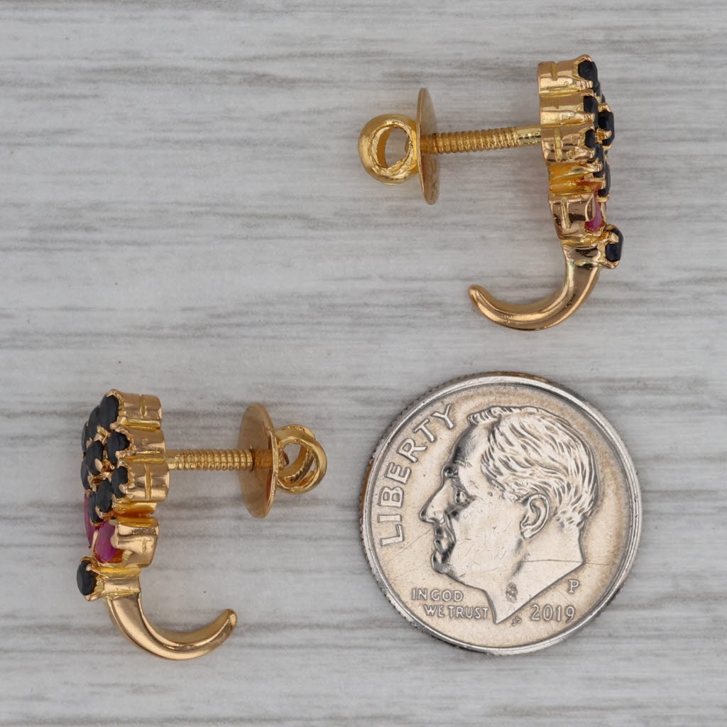 Dark Gray 1.84ctw Blue Sapphire Ruby Flower J-Hook Earrings 22k Yellow Gold Screw Back