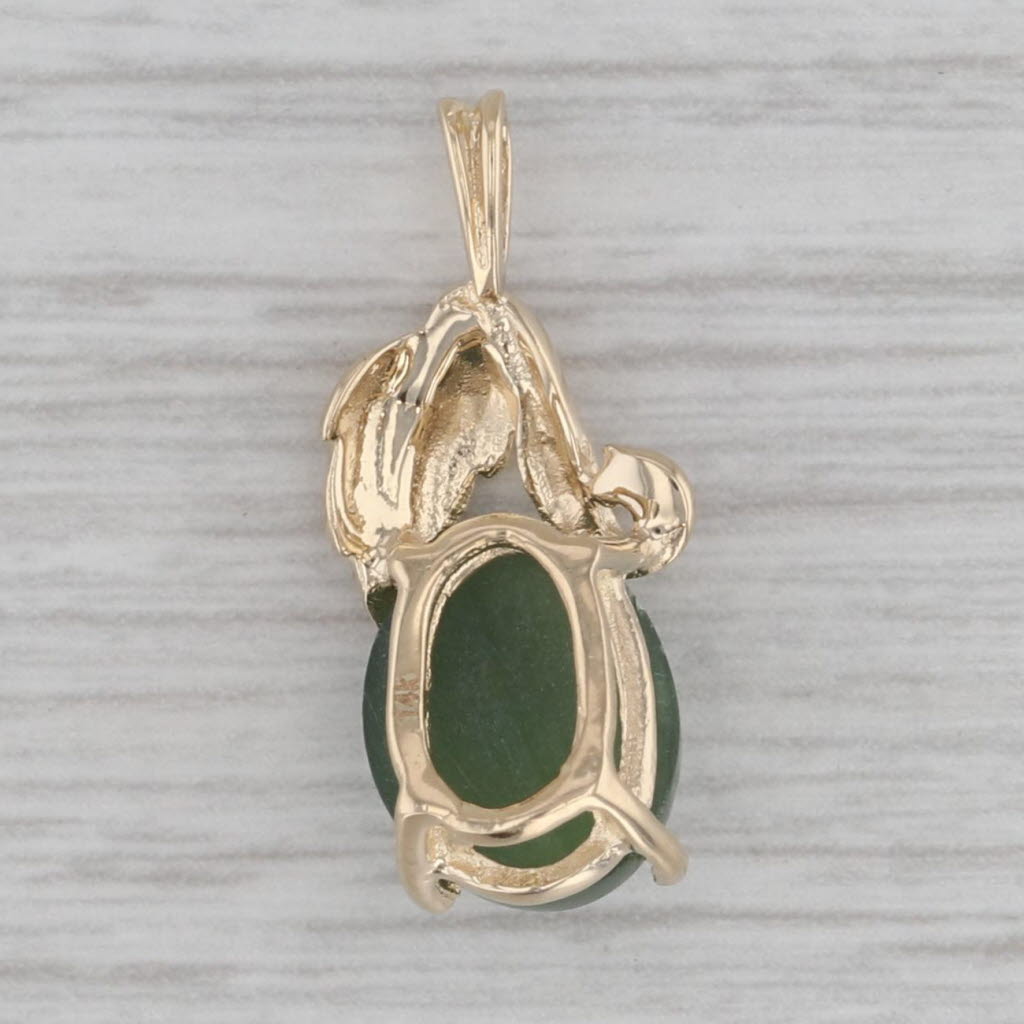 Gray Green Nephrite Jade Pendant 14k Yellow Gold Floral Oval Cabochon Solitaire