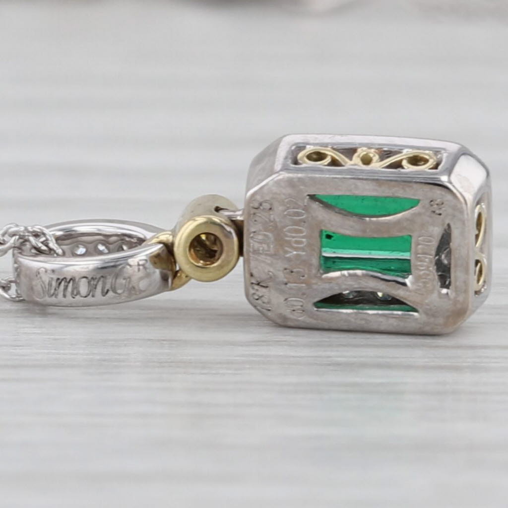 Simon G 0.43ctw Emerald Diamond Halo Pendant Necklace 18k White Gold Cable Chain