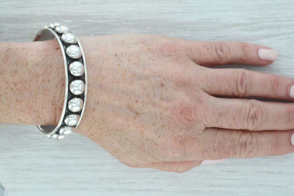 Gray Bead Accented Bangle Bracelet Sterling Silver Vintage Mexico 7.75" 14.3mm