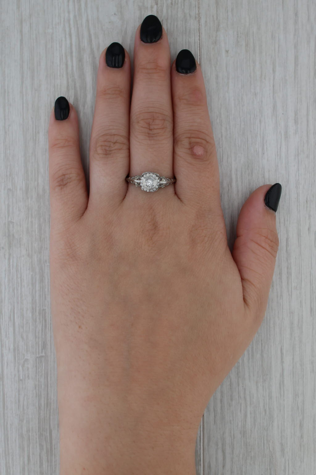 Art Deco Diamond Solitaire Ring 18k White Gold Filigree Size 11 VS2 Engagement