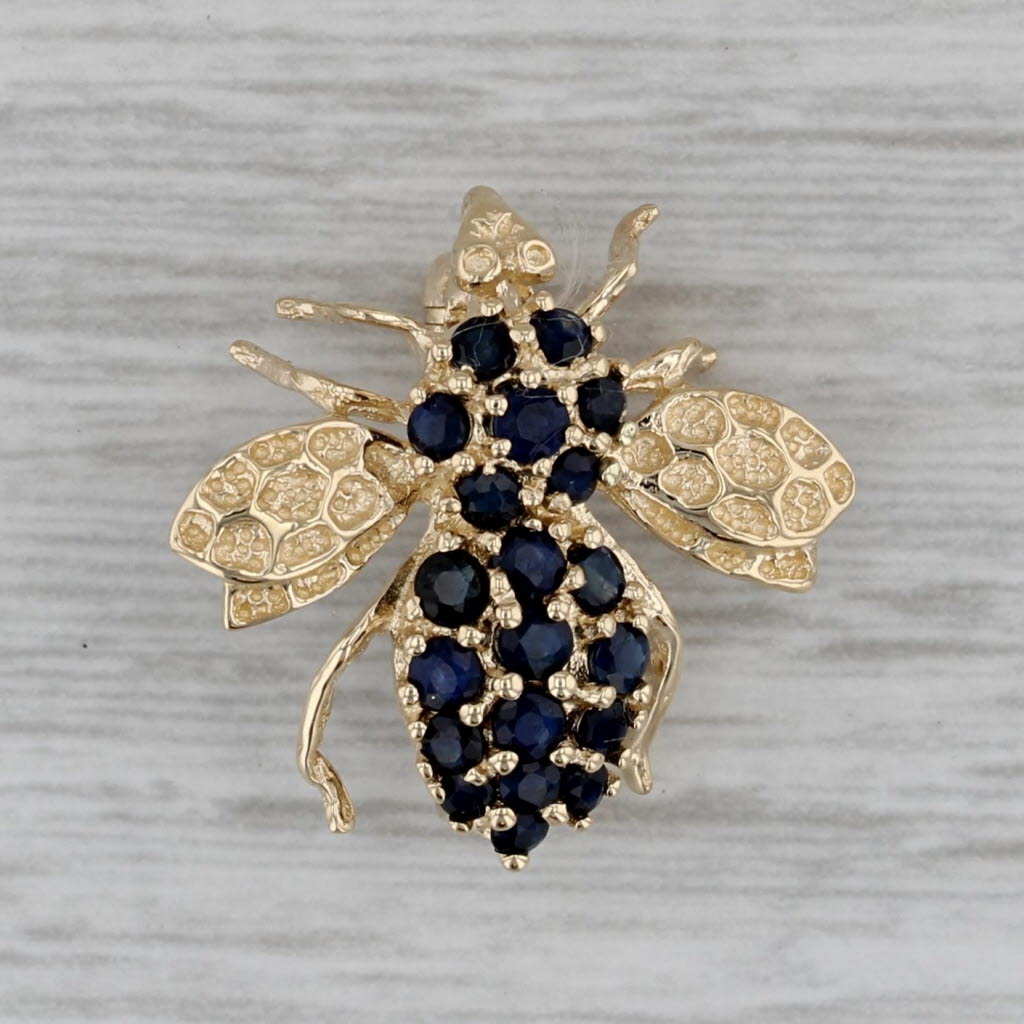 Dark Gray 0.65ctw Blue Sapphire Bee Pin 14k Yellow Gold Insect Brooch