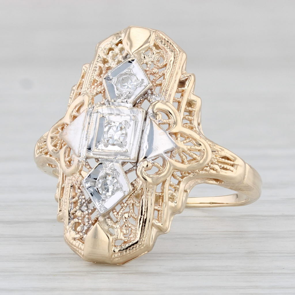 Light Gray Vintage Diamond Filigree Ring 14k Yellow Gold Size 7.75