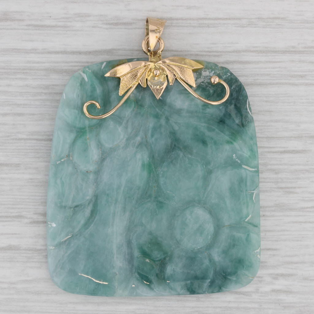 Gray Carved Green Jadeite Jade Pendant 14k Yellow Gold Floral Statement