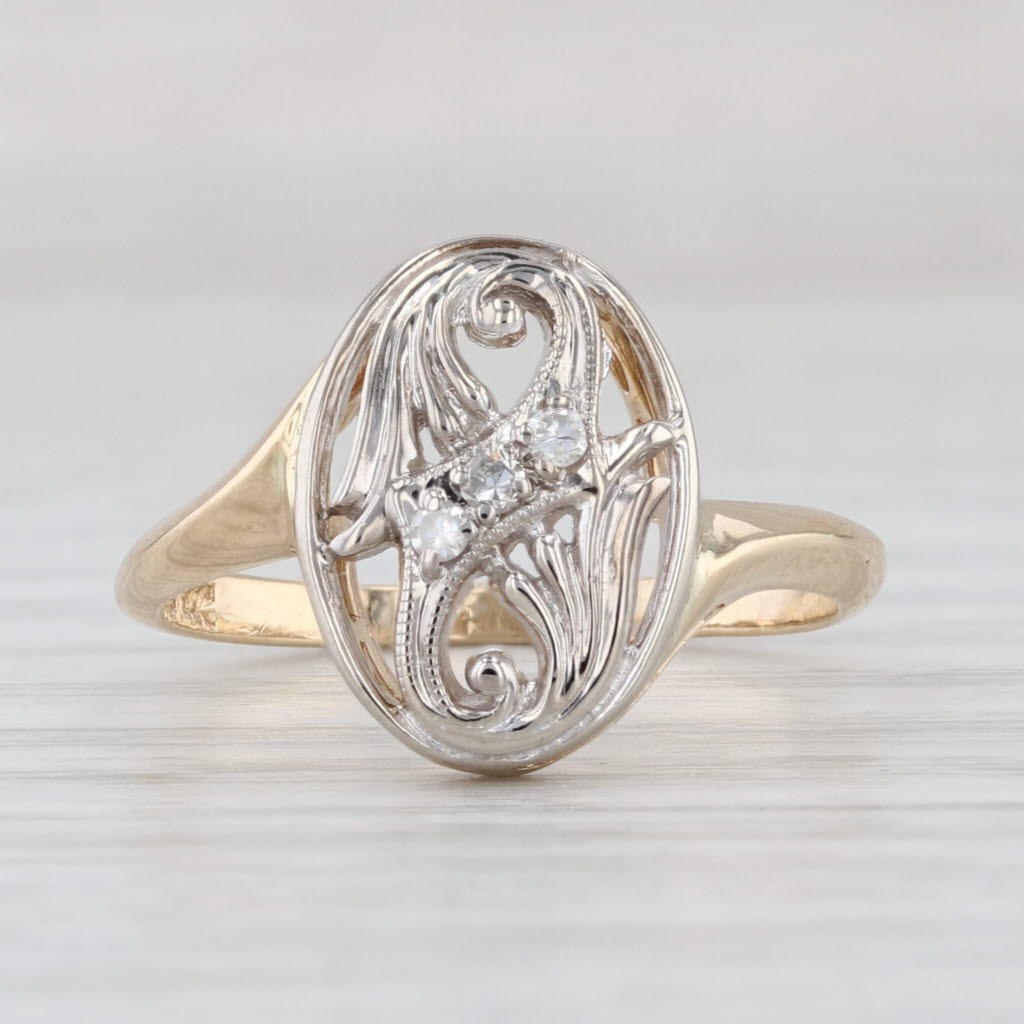 Vintage Ornate Diamond Bypass Ring 14k Yellow White Gold Size 6.5