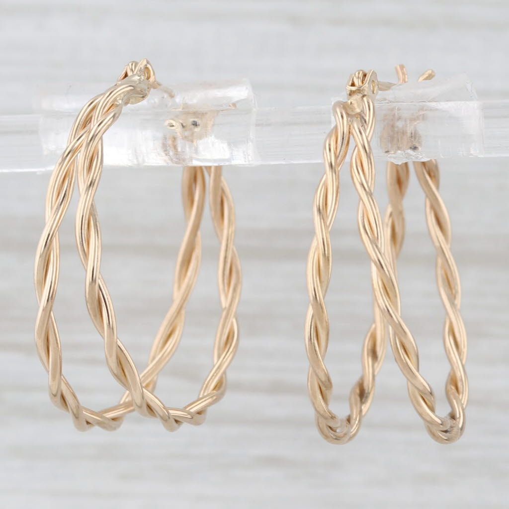Light Gray Woven Double Hoop Earrings 14k Yellow Gold Snap Top Round Hoops
