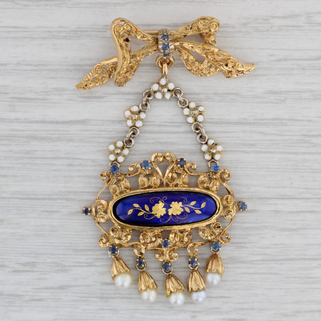 Gray Antique Ornate Flower Brooch 18k Gold Pearls Sapphires Fringed Pin