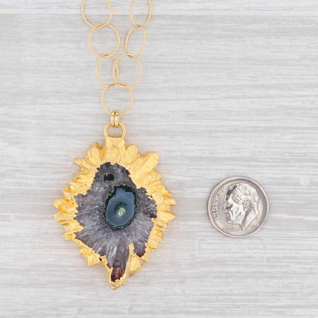 New Nina Wynn Geode Amethyst Pendant Necklace Sterling Gold Vermeil 19.5"