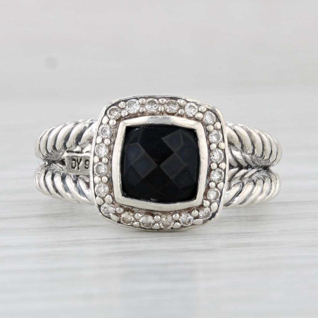 Light Gray David Yurman Petite Albion Collection Onyx Diamond Halo Ring Sterling Silver