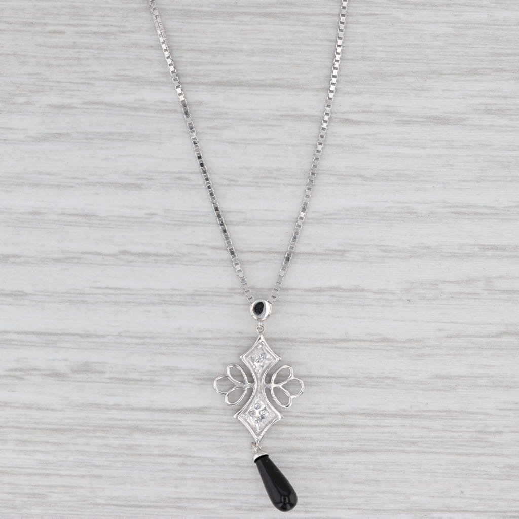 Diamond Onyx Pendant Necklace 14k White Gold 17" Box Chain