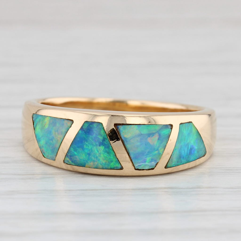 Light Gray Opal Inlayed Mosaic Ring 18k Yellow Gold Size 7.75 Band Stackable