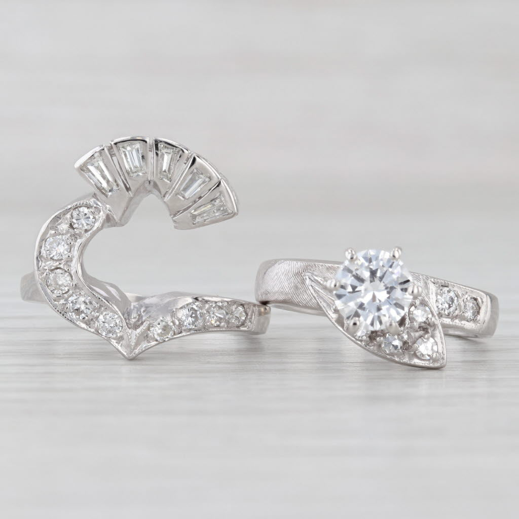 Light Gray Retro 1.12ctw Diamond Engagement Ring Wedding Jacket 14k White Gold Bridal Set