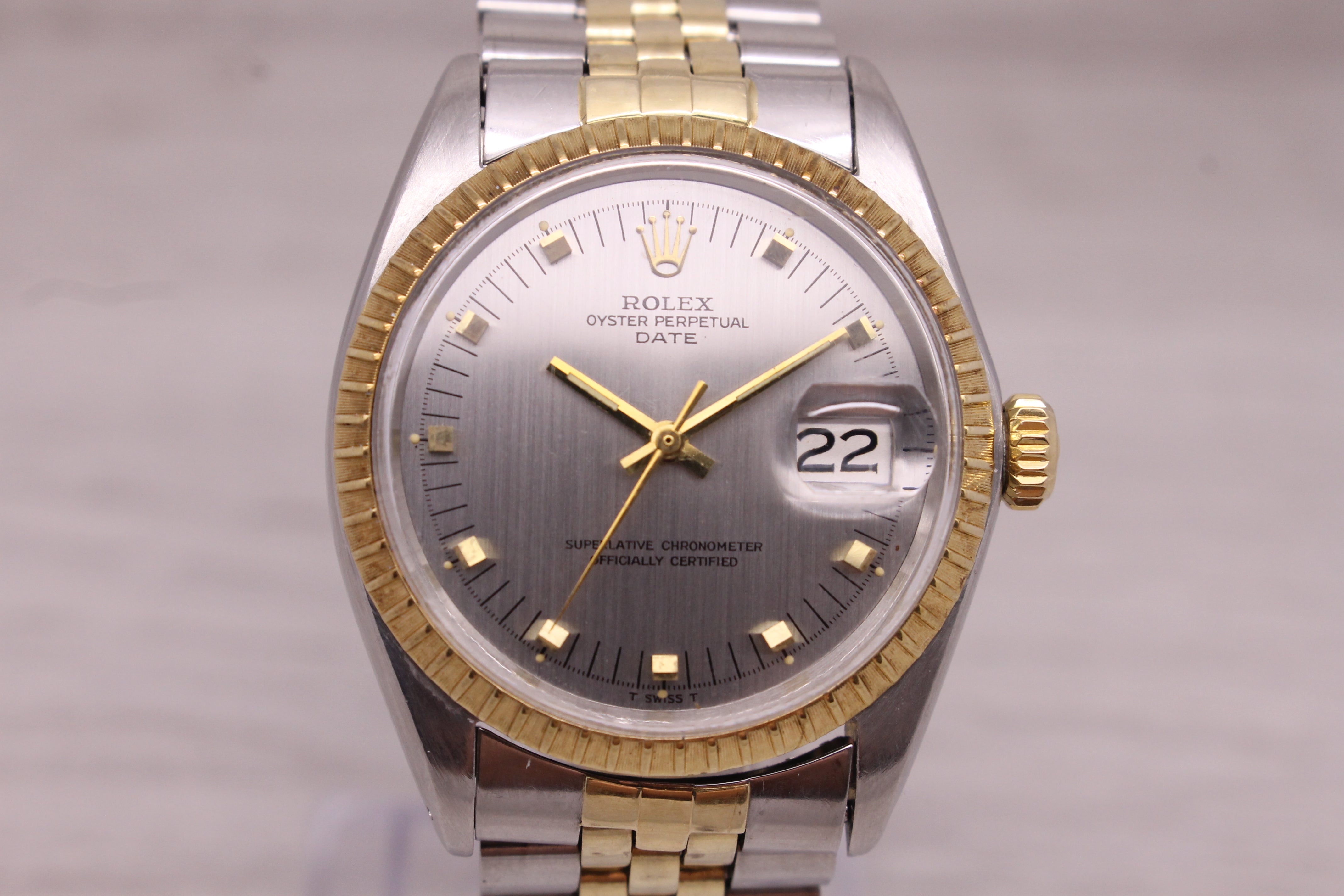 Dark Gray Vintage 1969 Rolex Date 1505 Mens 14k Steel Automatic Watch Jubilee w Box Papers