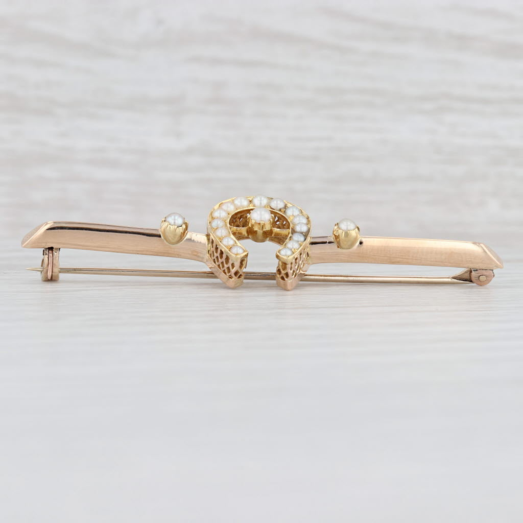 Light Gray Vintage Pearl Horseshoe Bar Brooch 14k Yellow Gold Western Pin