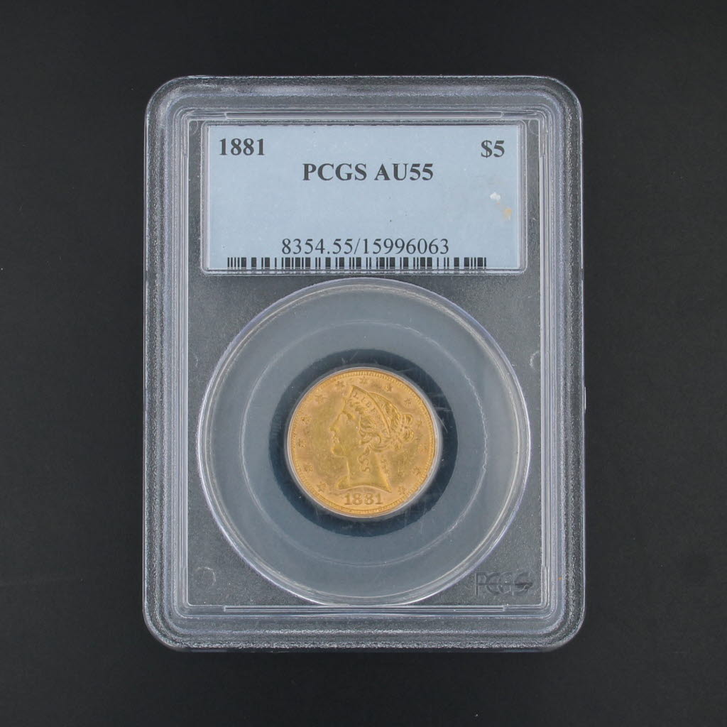 1881 Liberty Fine Gold Coin US $5 Eagle AU55 PCGS Certificate Case