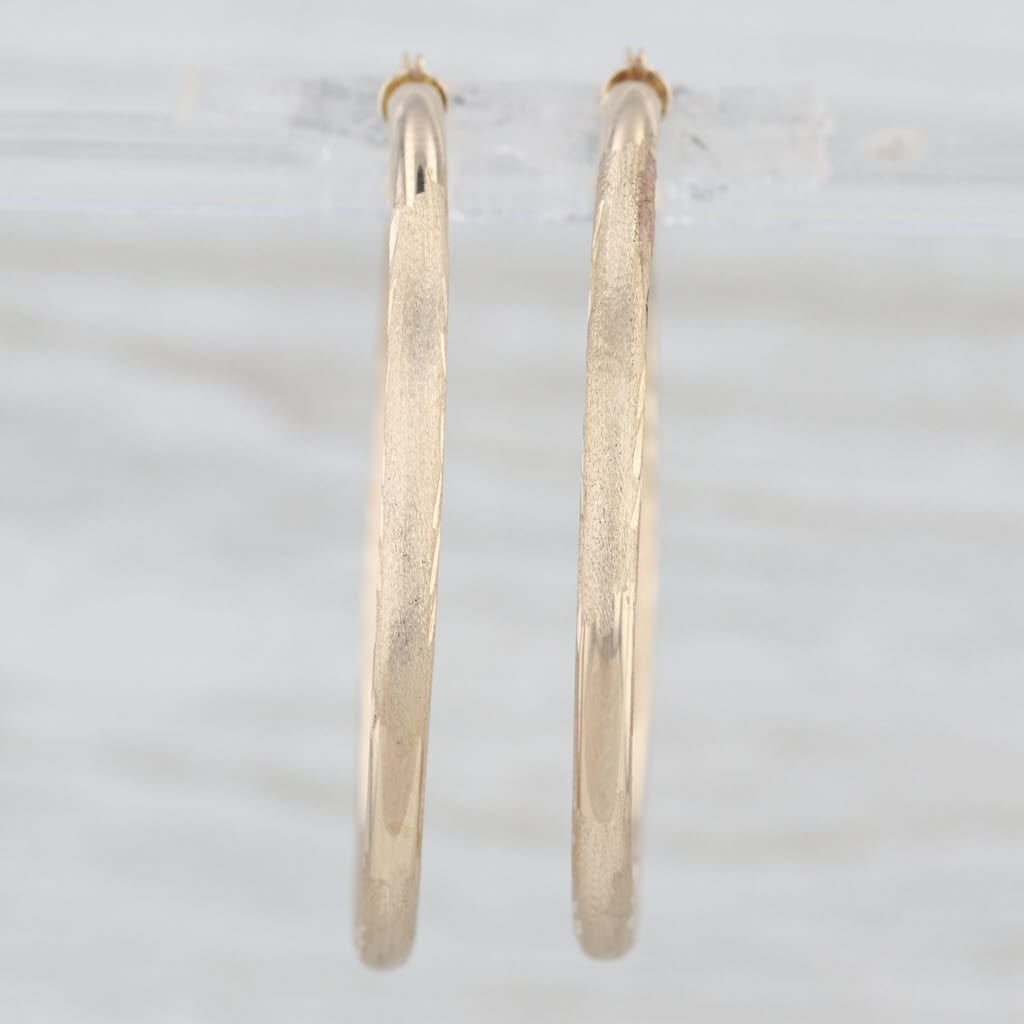 Etched Hoop Earrings 10k Yellow Gold Snap Top Posts Round Hoops 35.4 x 2.3 mm