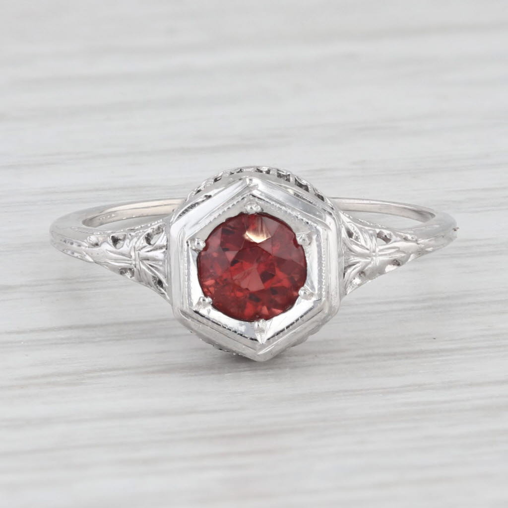 Light Gray Vintage Garnet Solitaire Filigree Ring 14k White Gold Size 6.25 Engagement