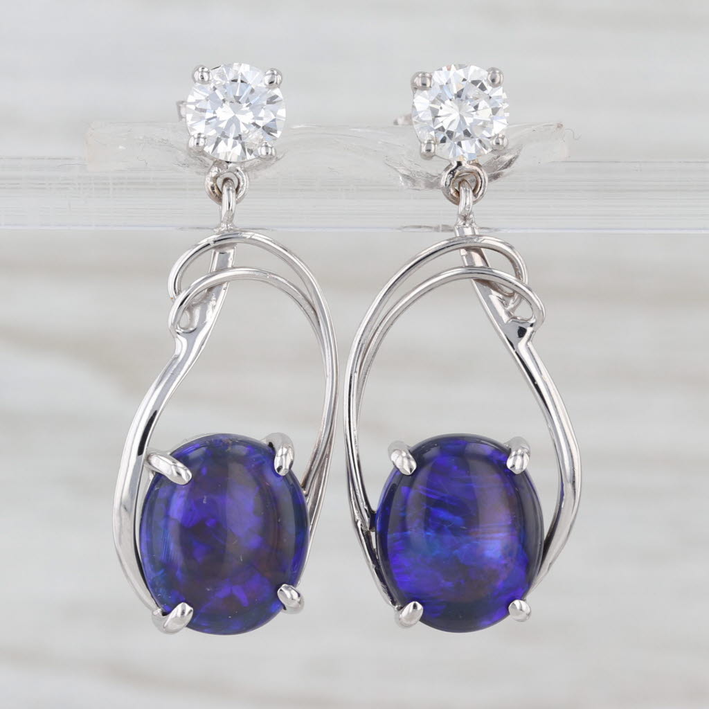 0.98ctw Diamond Blue Opal Dangle Earrings 14k White Gold Drops