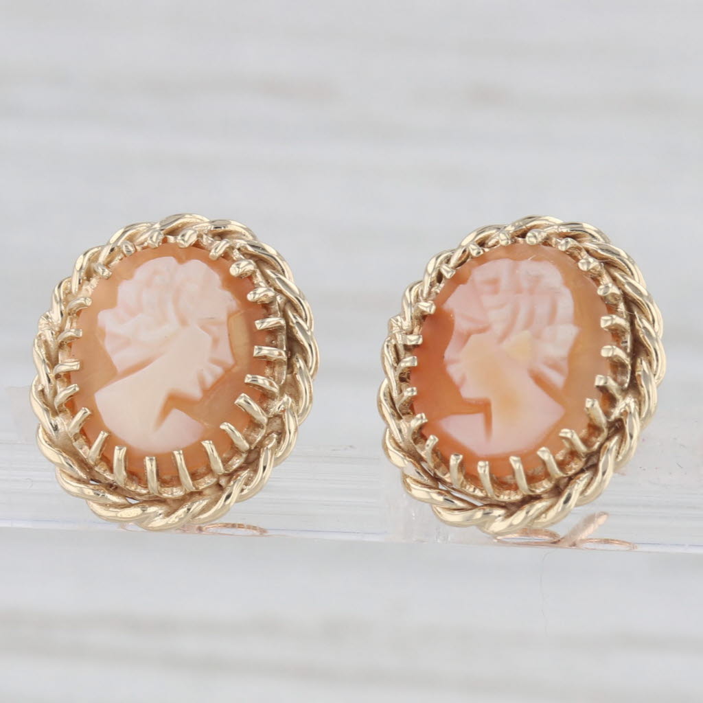 Light Gray Vintage Carved Shell Cameo Stud Earrings 14k Yellow Gold