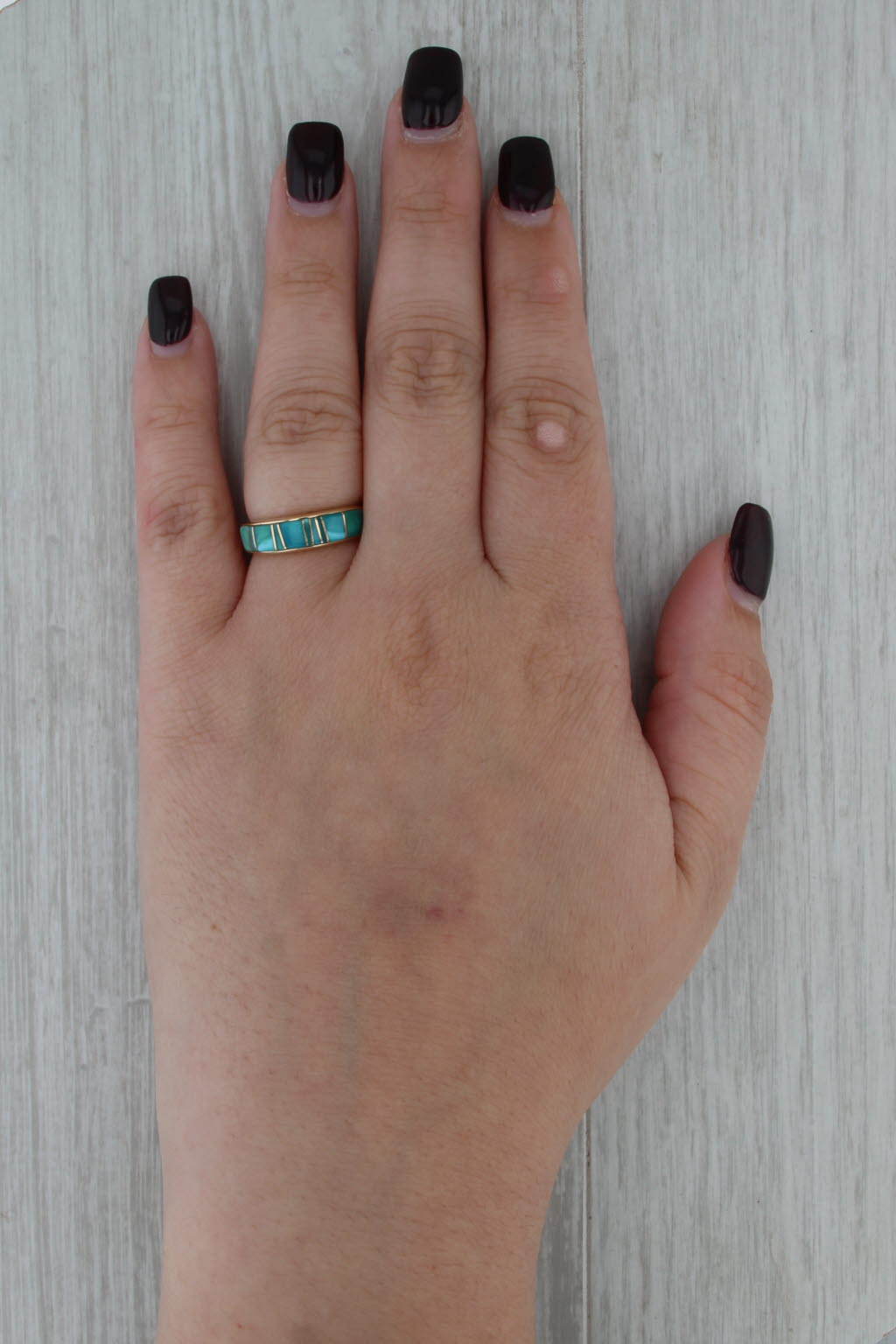 Calvin Begay Turquoise Mosaic Ring 14k Yellow Gold Size 6.5 Stackable Band