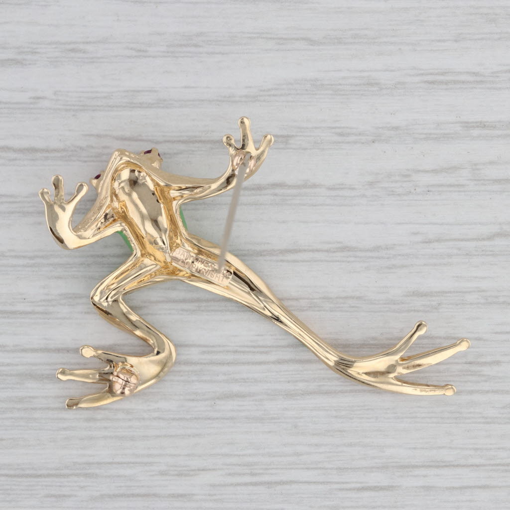 Gray Ruby Green Resin Frog Brooch 14k Yellow Gold Dankner Statement Pin