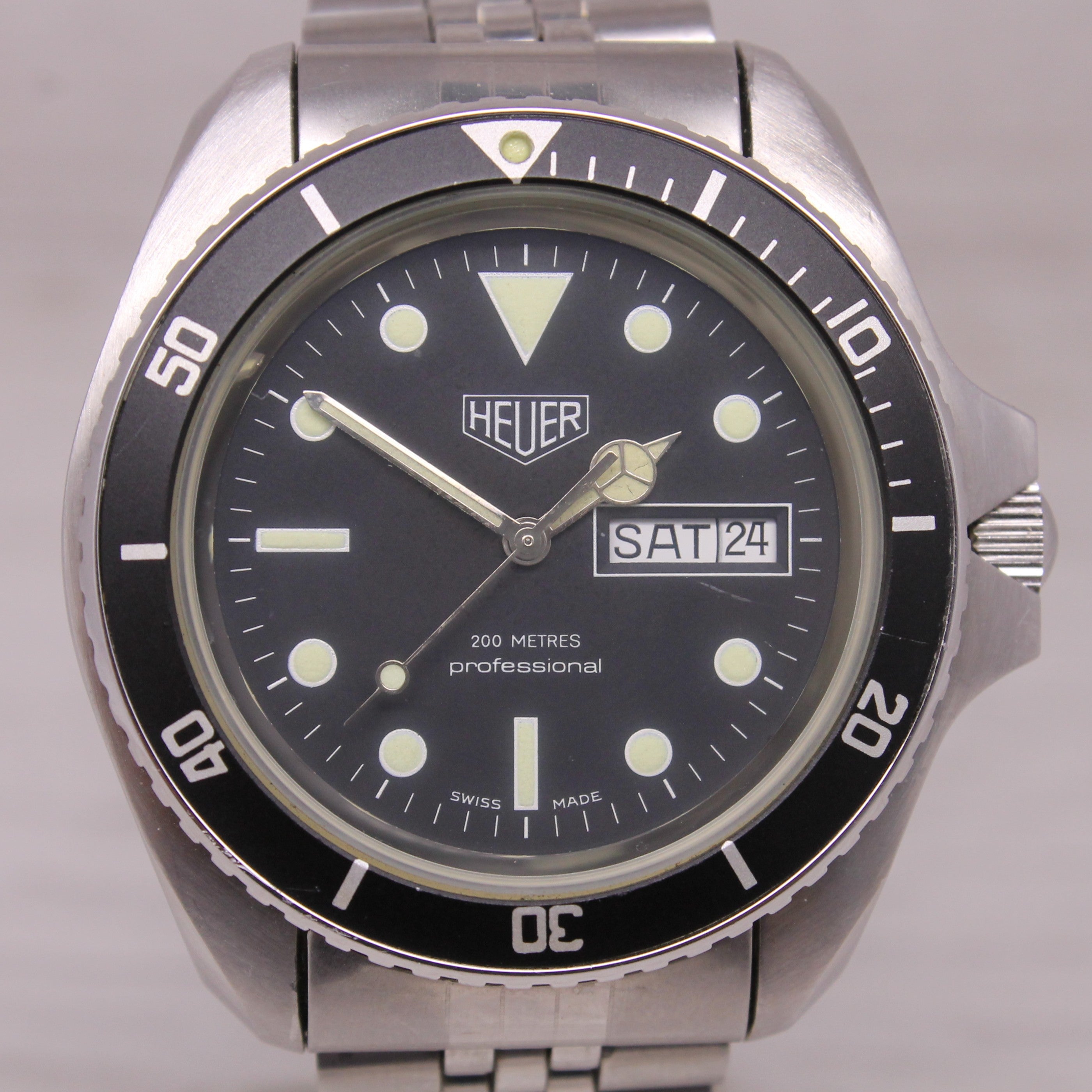 Vintage 1980s Heuer 844-4 Mens 41mm Steel Automatic Divers Watch Monnin Original