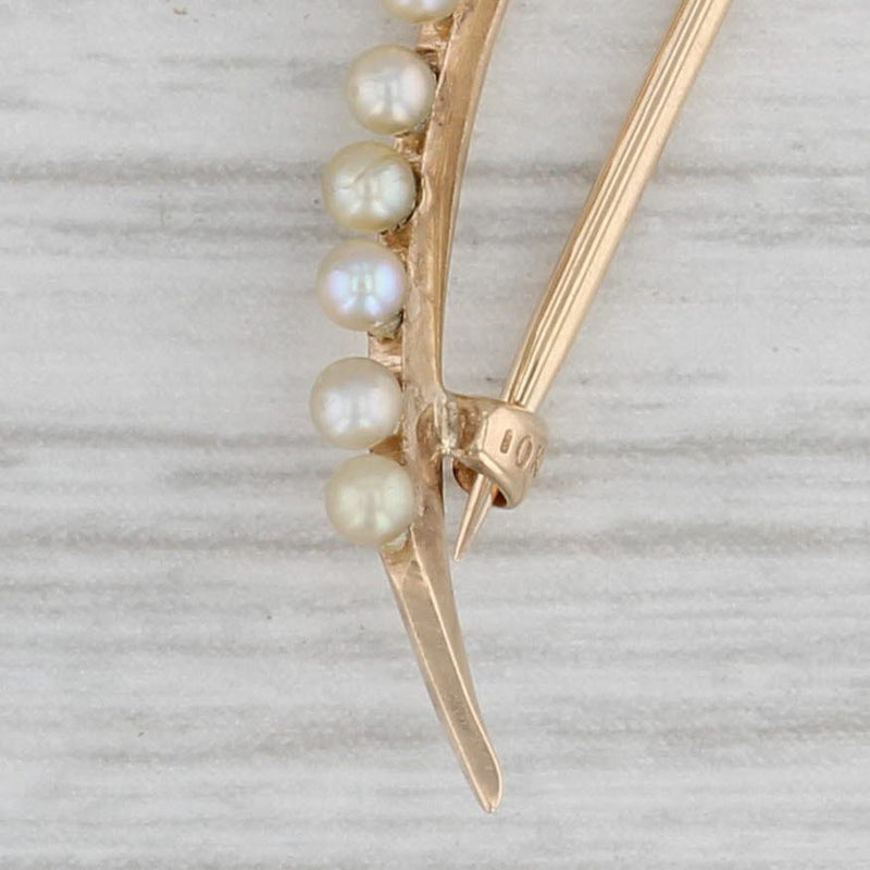 Crescent Seed Pearls Pin 10k Yellow Gold Vintage Brooch
