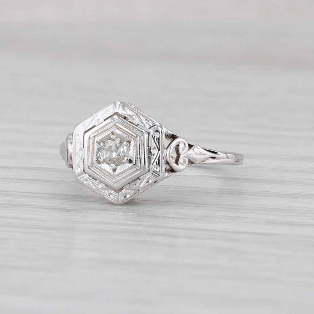 Art Deco Old Euro Diamond Soliiare Ring 14k White Gold Ornate Openwork Size 5.5