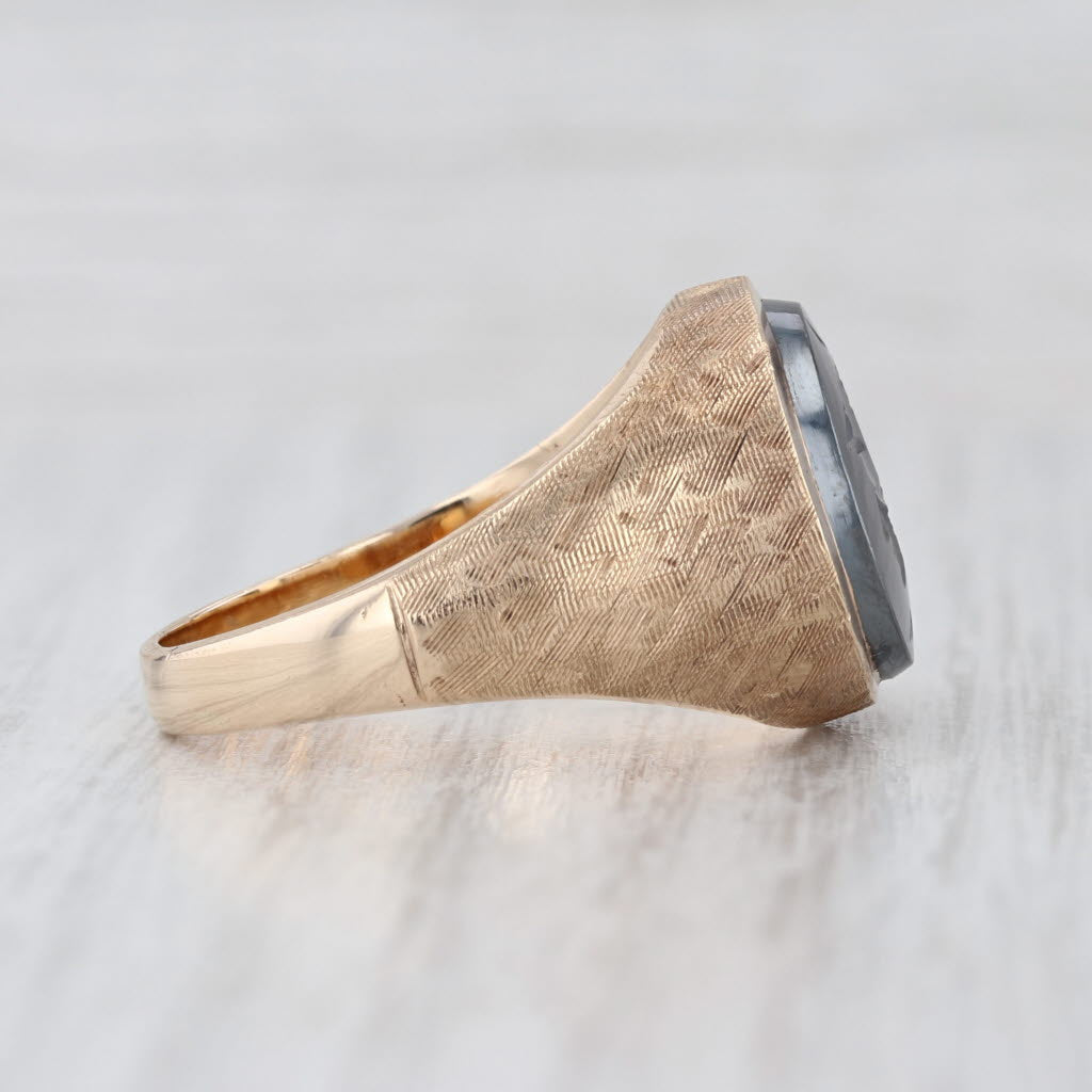 Vintage Hematite Carved Intaglio Ring 10k Yellow Gold Hammered Band Solid Back