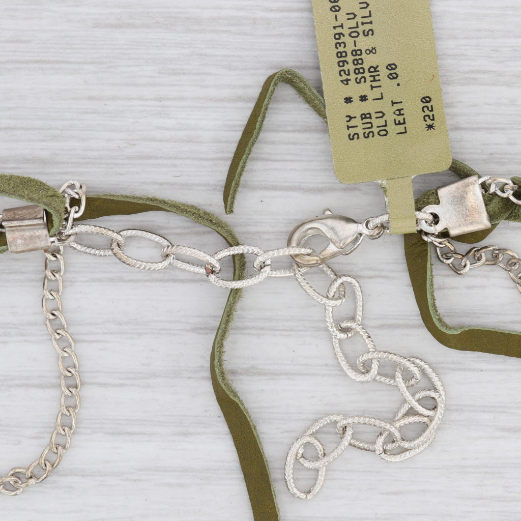 New Nina Wynn Cordelia Necklace White Druzy Quartz Pendant Woven Green Leather