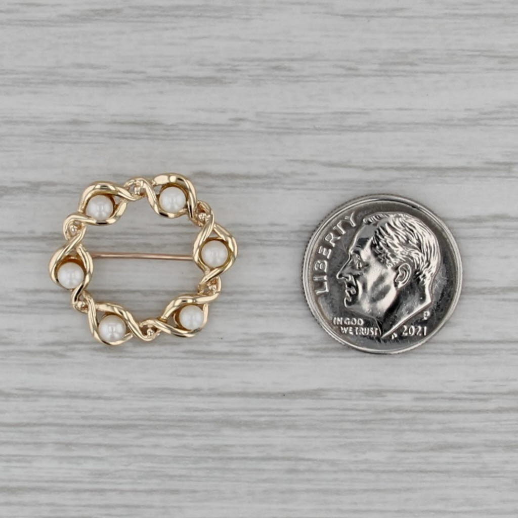 Cultured Pearl Wreath Pin 14k Yellow Gold Small Brooch
