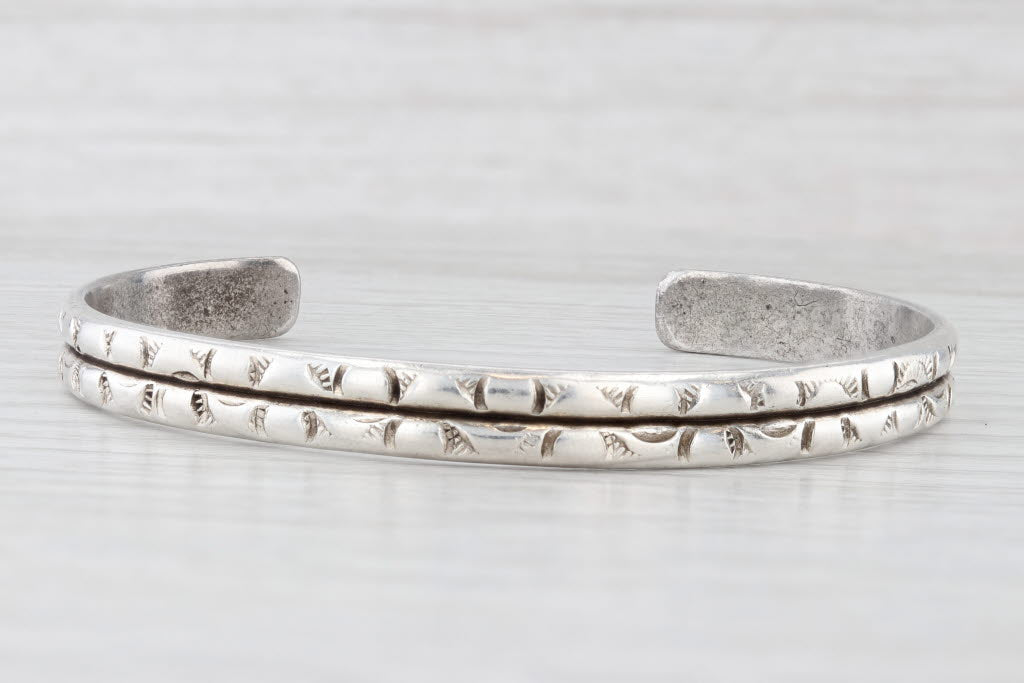 Light Gray Double Band Cuff Bracelet Sterling Silver 7" 6.5mm