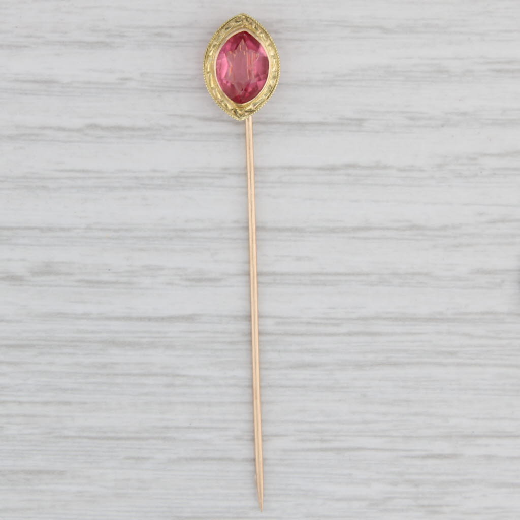 Light Gray Vintage Pink Glass Stickpin 10k Yellow Gold Pin Marquise Solitaire