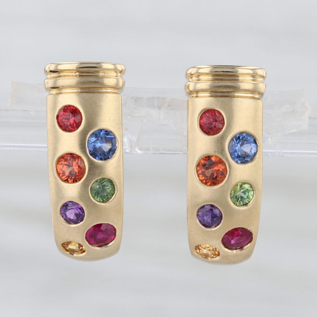 1.40ctw Multicolor Sapphire Ruby Dots J-Hook Earrings 18k Yellow Gold Drops