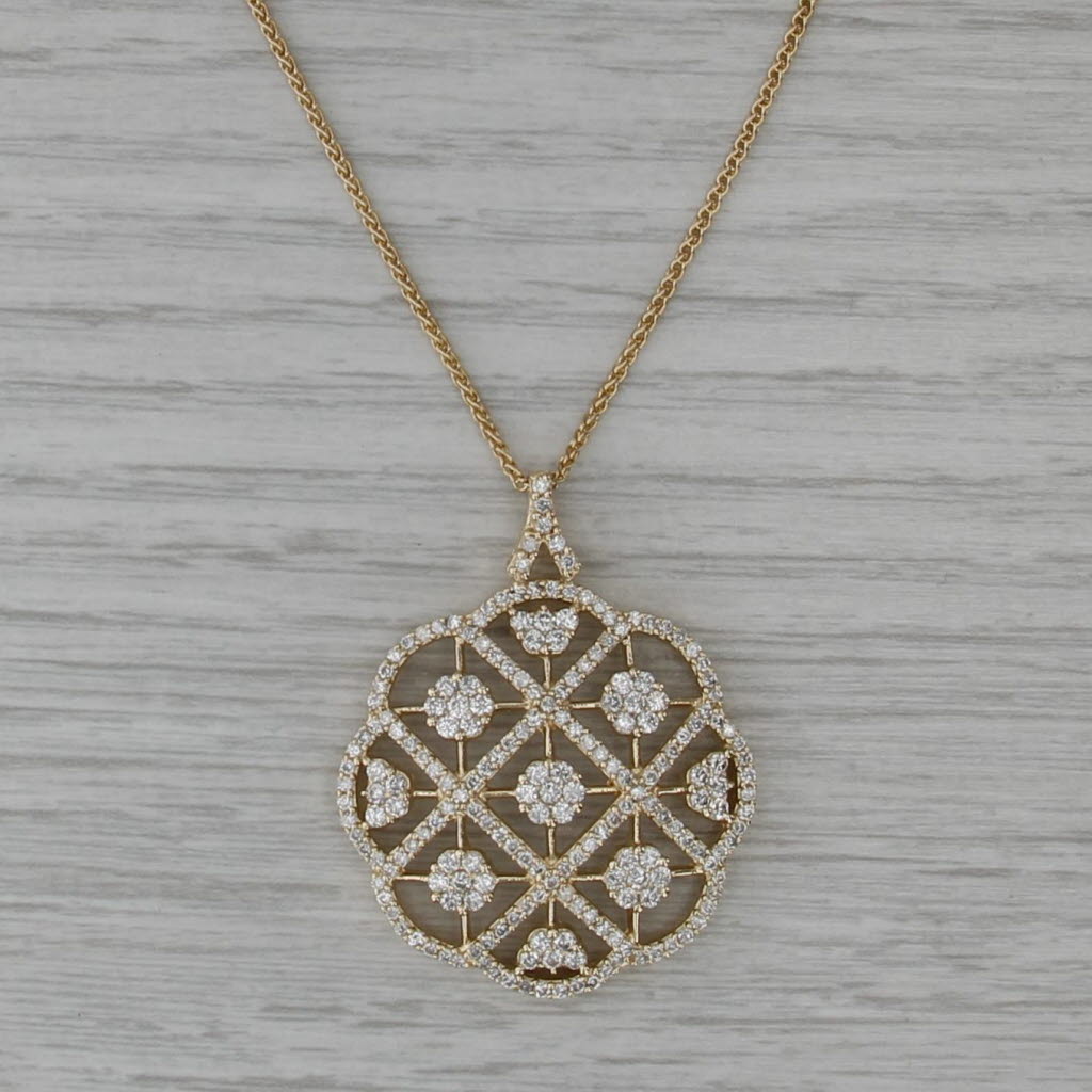 2.08ctw Diamond Openwork Flower Pendant Necklace 14k Gold 18.25" Wheat Chain