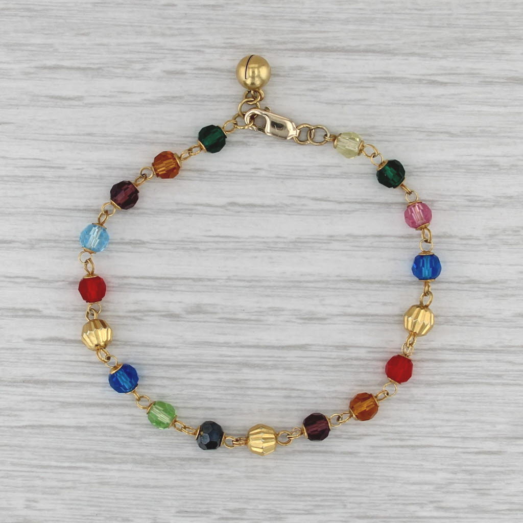 Multicolor Glass Bead Bracelet w/ Bell Charm 14k Yellow Gold 7"