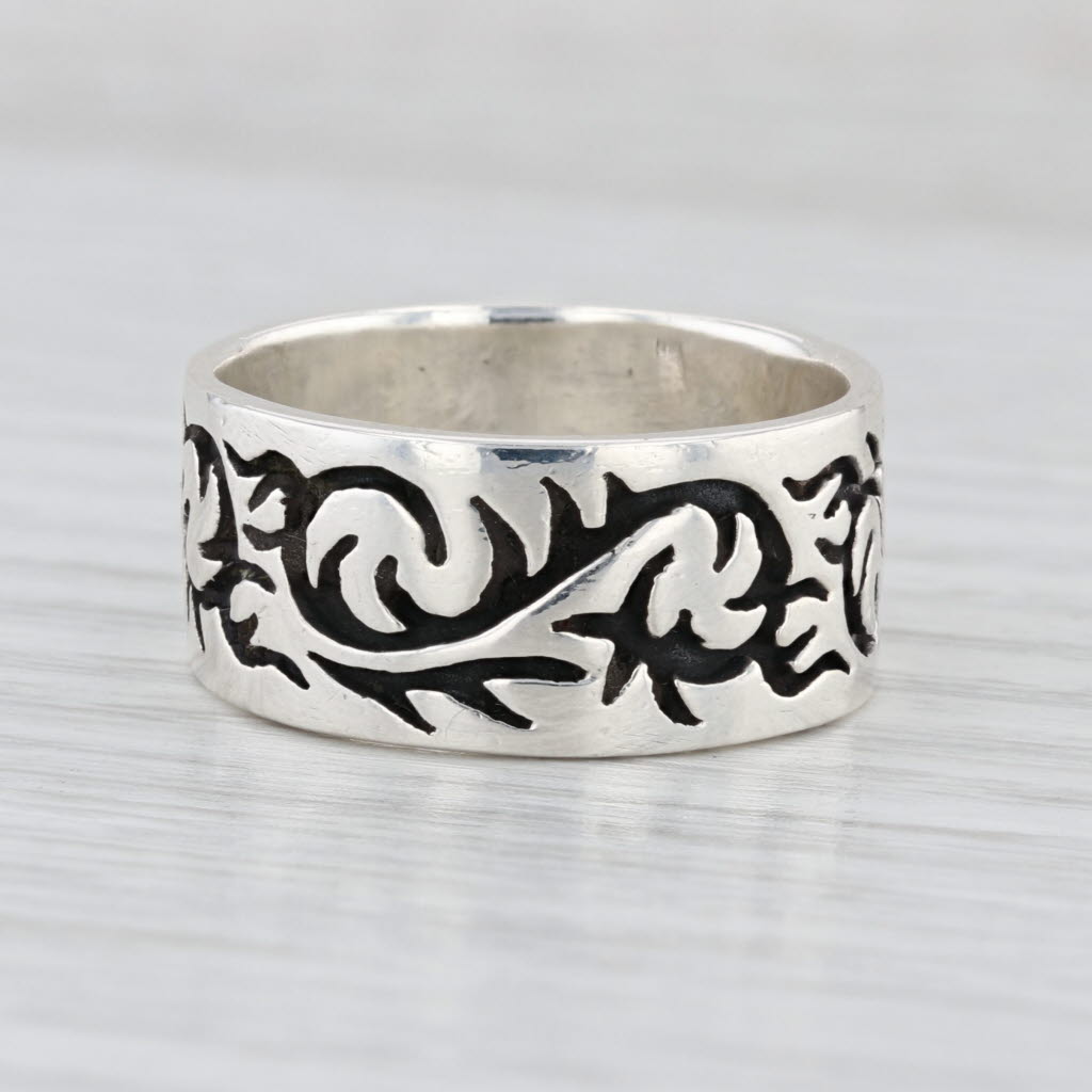 Ornate Floral Etched Band Ring Sterling Silver 10mm Size 10.25