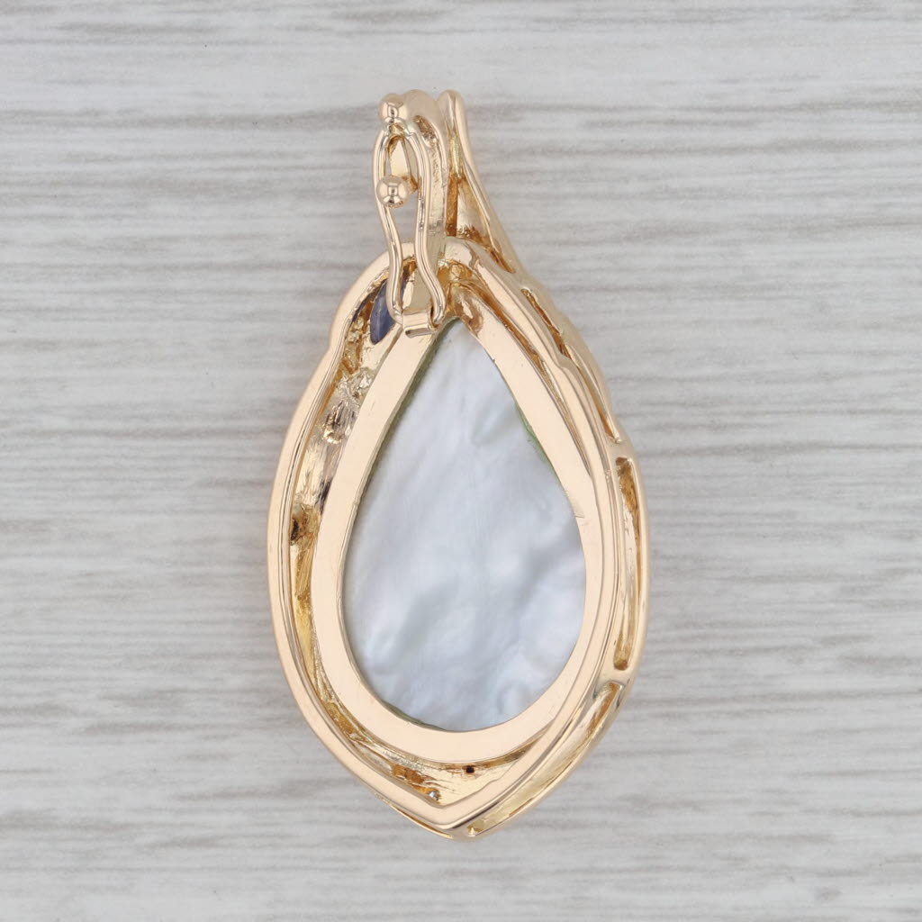 Gray Mabe Pearl Sapphire Diamond Teardrop Statement Pendant Enhancer 14k Yellow Gold