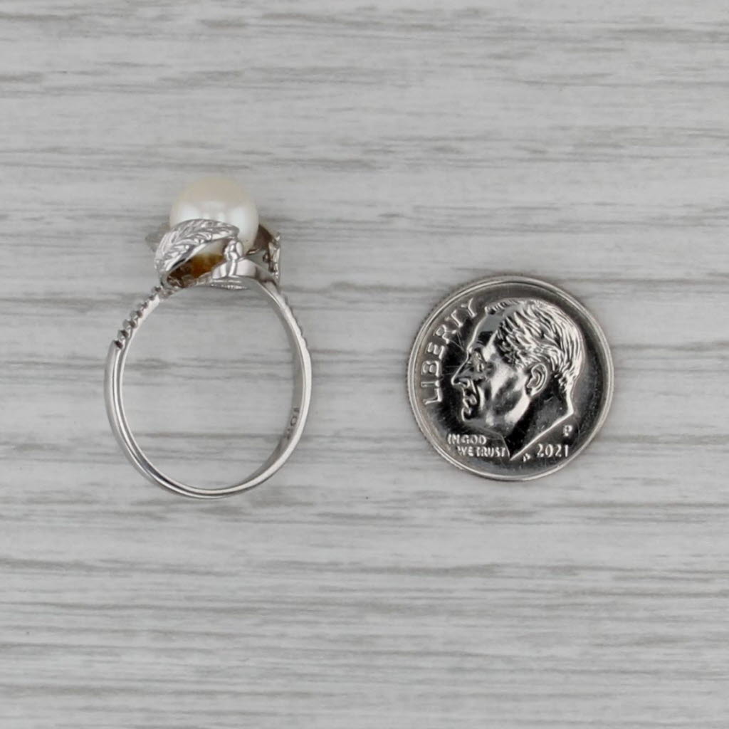 7.5mm Cultured Pearl Solitaire Flower Ring 10k White Gold Size 6.75