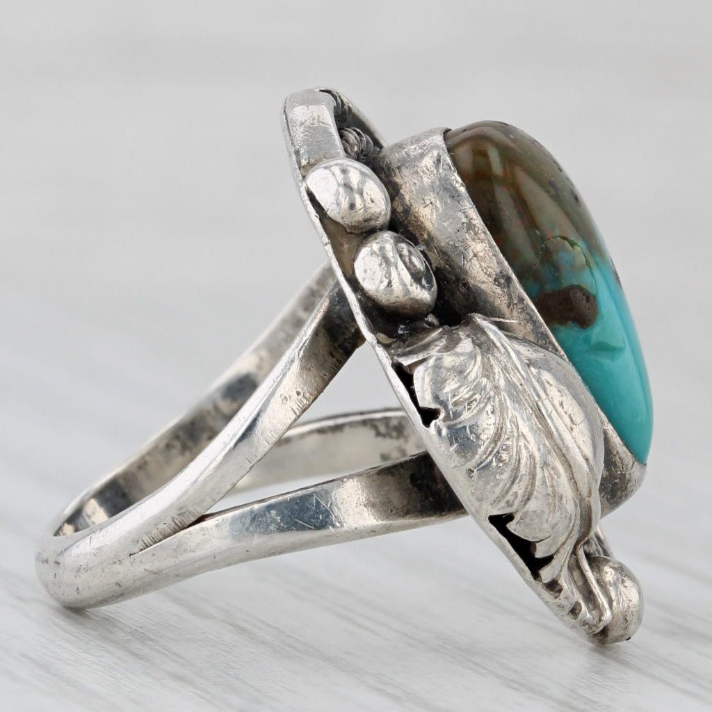 Light Gray Large Native American Turquoise Feather Ring Sterling Silver Size 6 Statement