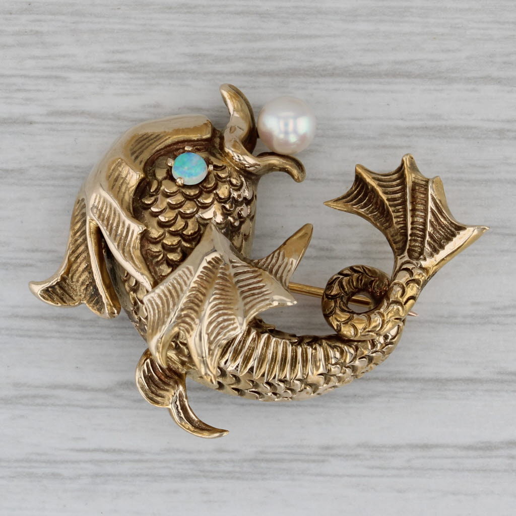 Gray Vintage Ornate Winged Flying Fish Opal Cultured Pearl Brooch 14k Gold Pin