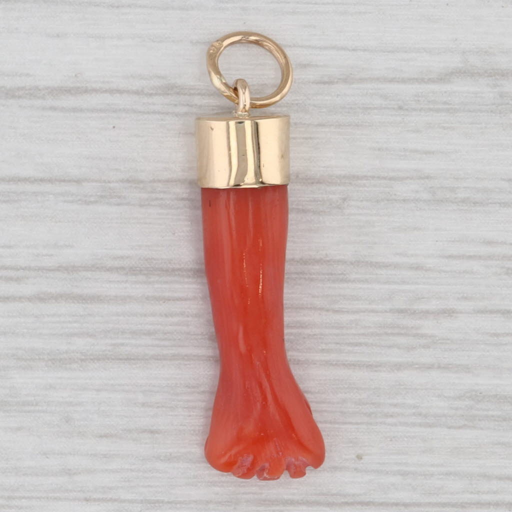 Vintage Carved Coral Figa Hand Pendant 14k Yellow Gold Italian Talisman Charm