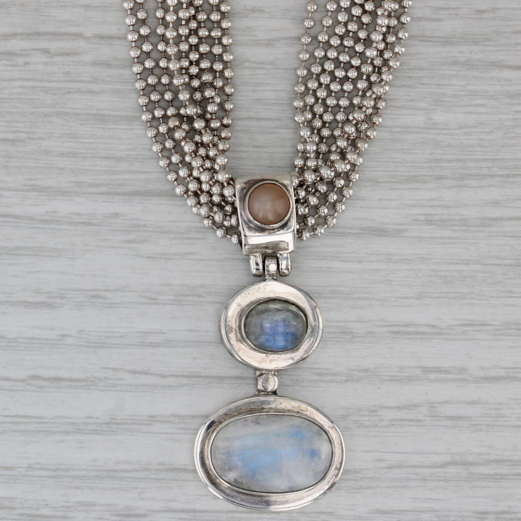 Gray Moonstone Labradorite 3-Stone Pendant Necklace Multistrand Bead Chain 18"