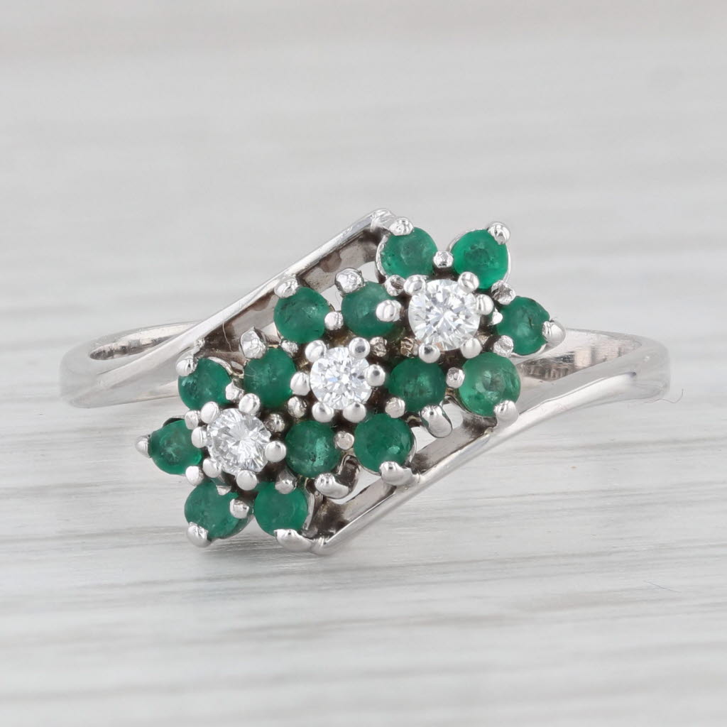 Light Gray 0.38ctw Emerald Diamond Flower Bypass Ring 14k White Gold Size 8.5