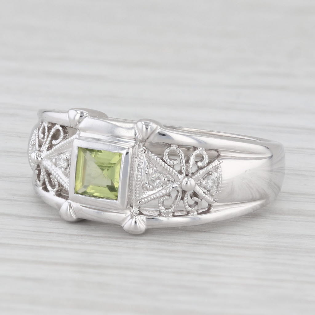 Light Gray 0.44ctw Peridot Diamond Ring 14k White Gold Filigree Size 7.25